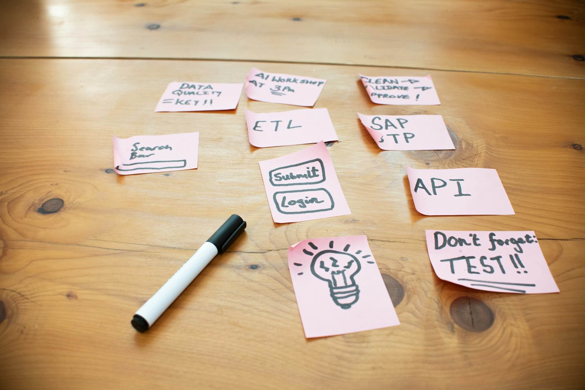 Haftnotizen mit Begriffen wie API, ETL und Login auf einem Holztisch