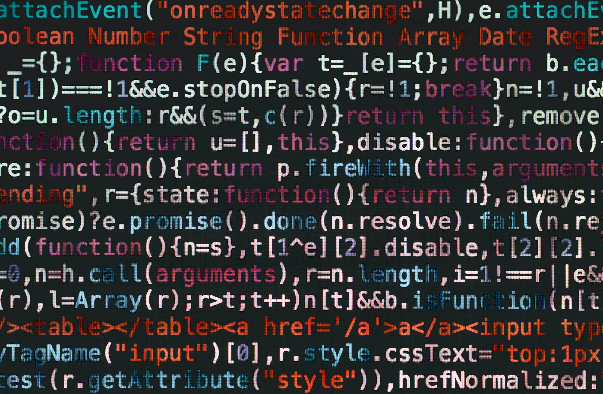 JavaScript-Quelltext mit bunter Syntaxhervorhebung auf dunklem Bildschirm