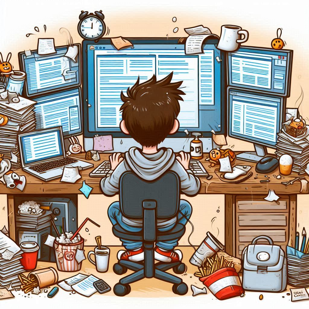 A cartoon of a person sitting at a desk with many computer screens Description automatically generated